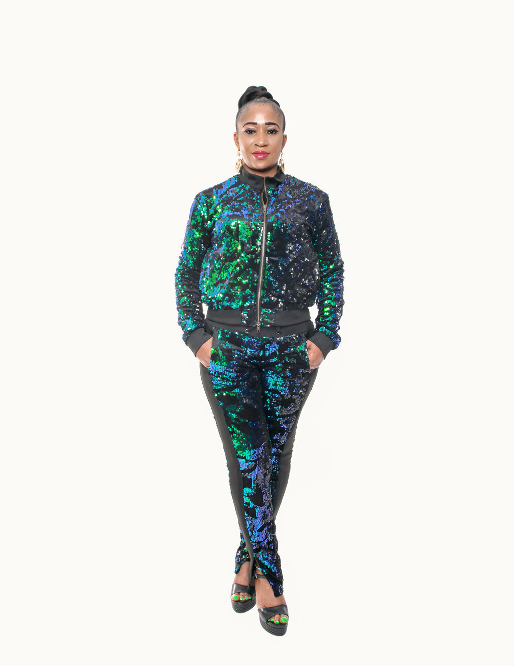 Zipper front sequine track suit